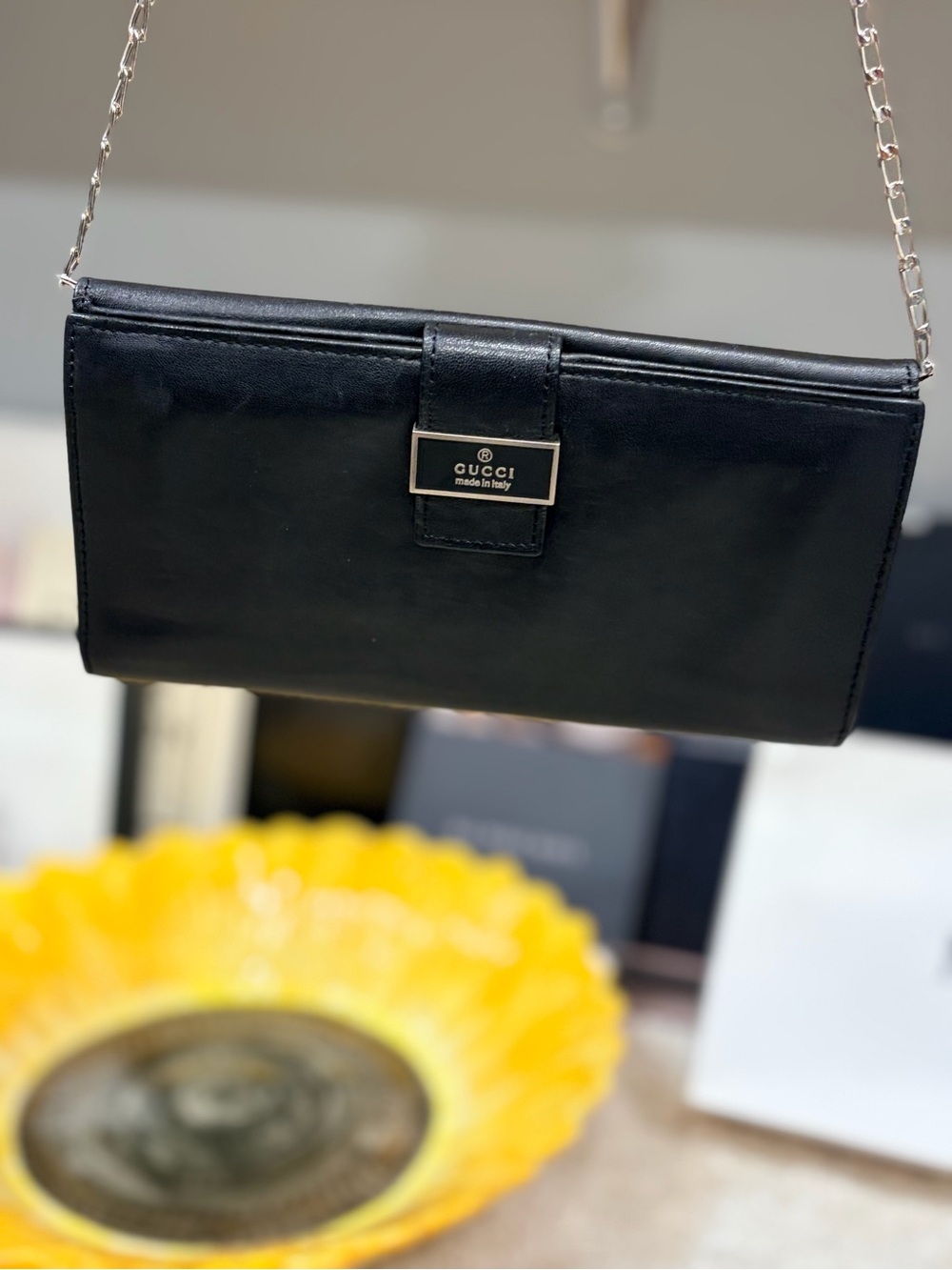 Gucci Black Smooth Leather long wallet on chain